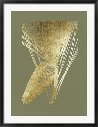 Framed Gold Foil Pine Cones II on Mid Green Print