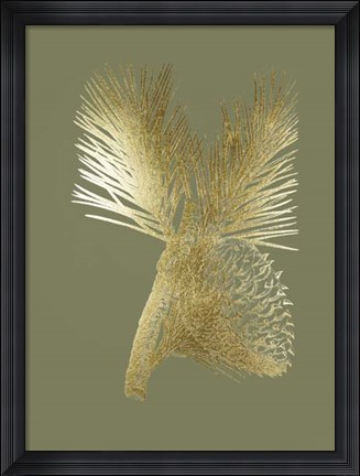 Framed Gold Foil Pine Cones III on Mid Green Print