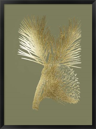 Framed Gold Foil Pine Cones III on Mid Green Print