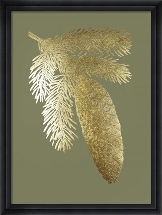 Framed Gold Foil Pine Cones IV on Mid Green Print