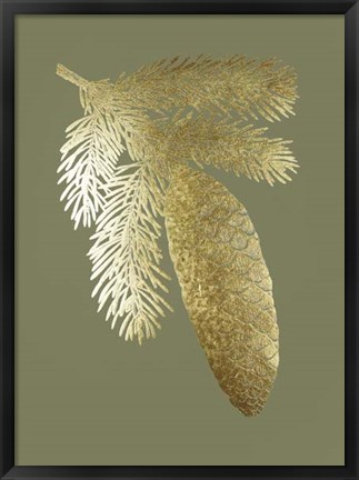 Framed Gold Foil Pine Cones IV on Mid Green Print