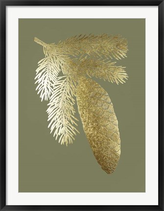 Framed Gold Foil Pine Cones IV on Mid Green Print