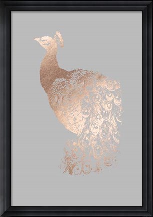Framed Rose Gold Foil Peacock I on Grey Print