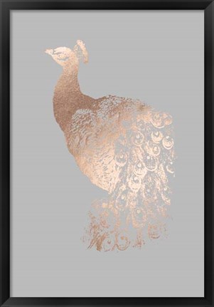 Framed Rose Gold Foil Peacock I on Grey Print