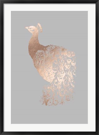 Framed Rose Gold Foil Peacock I on Grey Print
