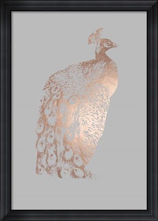 Framed Rose Gold Foil Peacock II on Grey Print