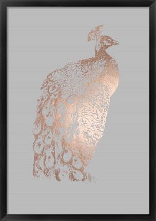 Framed Rose Gold Foil Peacock II on Grey Print