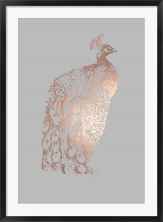 Framed Rose Gold Foil Peacock II on Grey Print
