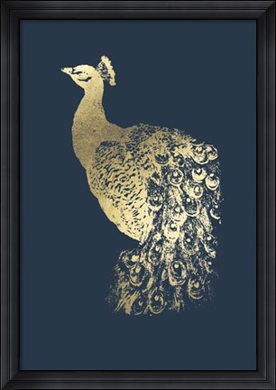Framed Gold Foil Peacock I on Cobalt Print