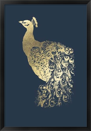 Framed Gold Foil Peacock I on Cobalt Print