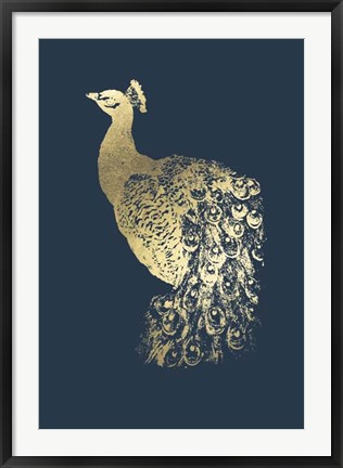 Framed Gold Foil Peacock I on Cobalt Print