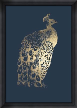 Framed Gold Foil Peacock II on Cobalt Print