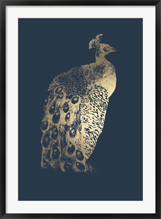 Framed Gold Foil Peacock II on Cobalt Print