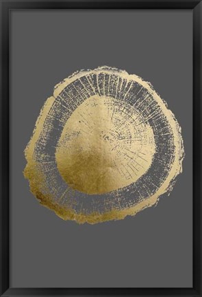 Framed Gold Foil Tree Ring II on Dark Grey Print