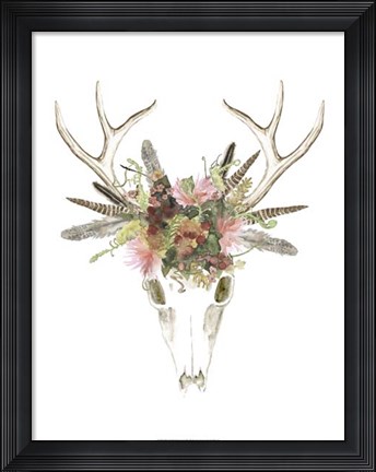 Framed Deer Skull &amp; Flowers I Print