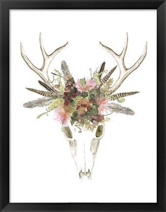 Framed Deer Skull &amp; Flowers I Print