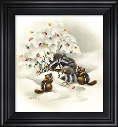 Framed Raccoon/ Chipmunks/ Christmas Lights Print