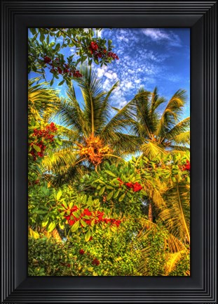 Framed Palms And Red Flowers Vertical Print