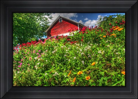 Framed Red Barn And Flowers Print