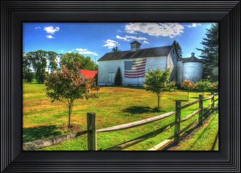 Framed White Barn And Flag Print