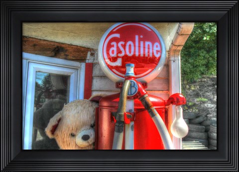 Framed Old Gas Pump and Teddy Print