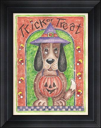 Framed Trick or Treat Dog holding Pumpkin Print