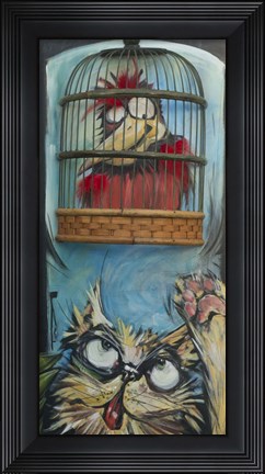 Framed Bird In Cage With Cat Print