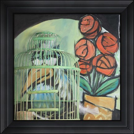 Framed Bird In Cage With Potted Plant Print