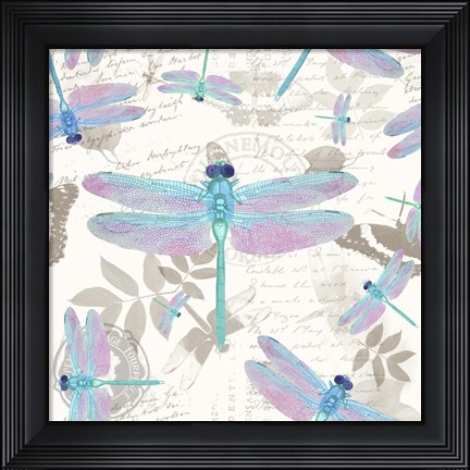 Framed Vintage Botanicals Dragonfly Pattern Aqua Print