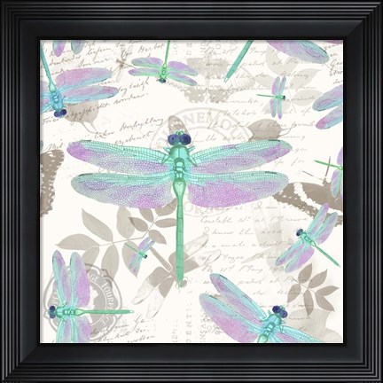 Framed Vintage Botanicals Dragonfly Pattern Green Print