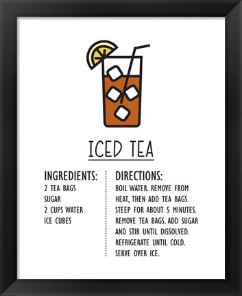 Framed Iced Tea Recipe White Background Print