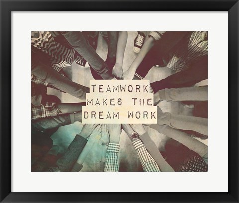 Framed Teamwork Makes The Dream Work Stacking Hands Black and White Print