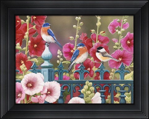 Framed Iron Fence with Hollyhocks Print