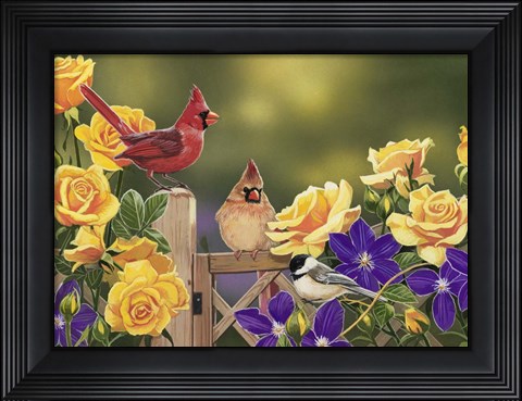 Framed Yellow Roses and Songbirds Print