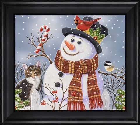 Framed Snowman and Kitten Print