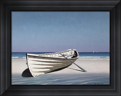 Framed White Boat On Beach Print