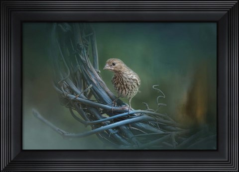 Framed Little Brown Bird On A Little Blue Wreath Print