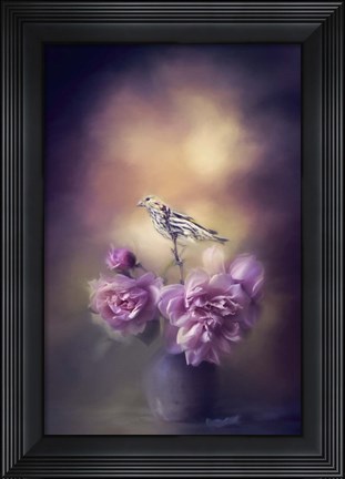 Framed Finch And The Flowers Print