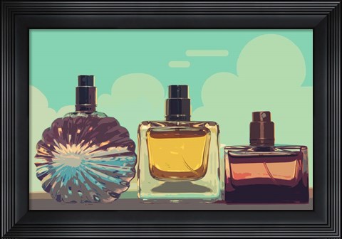 Framed Vintage Fashion Perfume Bottles Blue Print