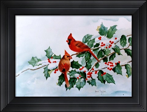 Framed Cardinals and Holly Berries Print