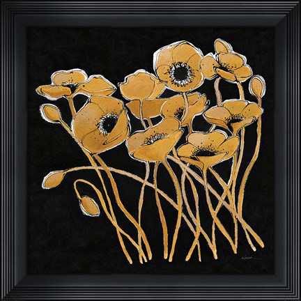 Framed Gold Black Line Poppies I v2 Print