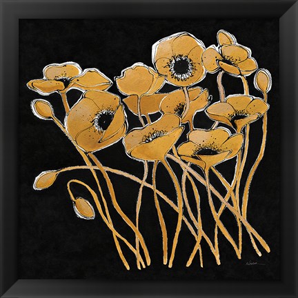 Framed Gold Black Line Poppies I v2 Print