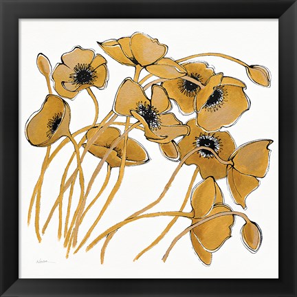 Framed Gold Black Line Poppies II Print