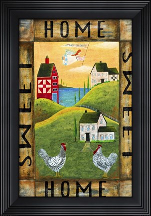 Framed Home Sweet Home Chicken Rooster Angel Flag- Print