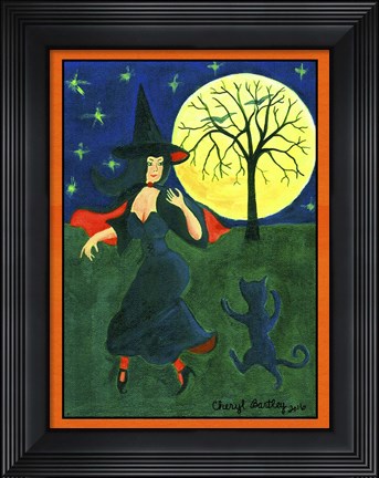 Framed Halloween Witch Black Cat Moon Dance Print