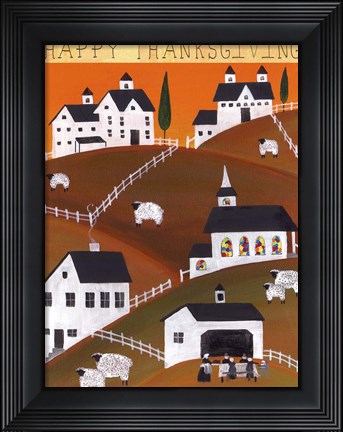 Framed Pilgrim and Sheep Happy Thanksgiving Print