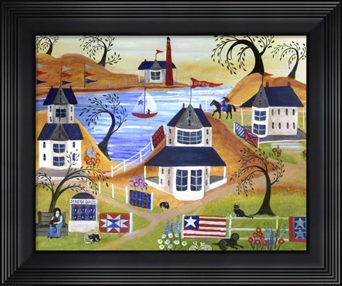 Framed Americana Seaside Quilts Under Willow Trees Print