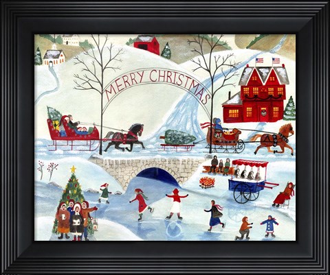 Framed Christmas Day Skating By Old Stone Bridge Print