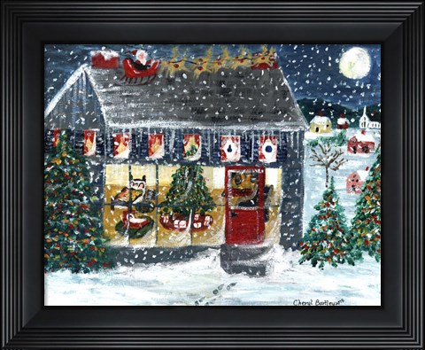 Framed Christmas Night Folk Art Santa Reindeer Print
