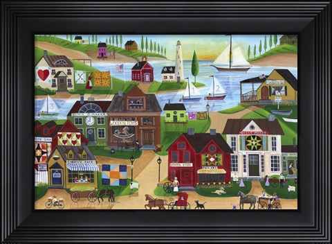 Framed Seaside Village With Wooden Toy Maker Sail Boats Print